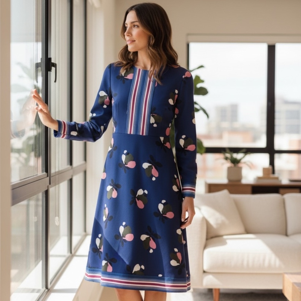 Boden Daisy Floral Fit & Flare Midi Dress Blue 8L